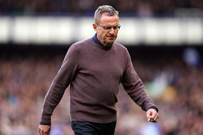 Ralf Rangnick looks frustrated after watching his Manchester United team lose 1-0 at Everton in April 2022